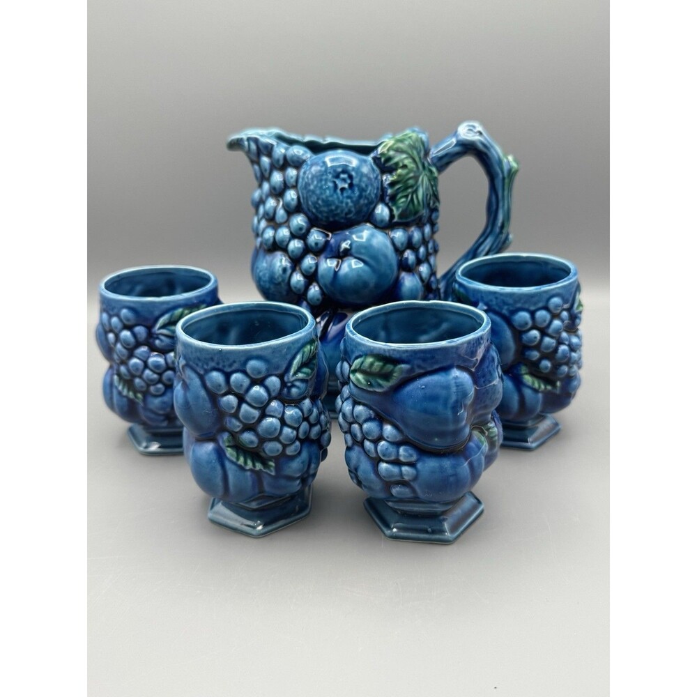MCM Inarco Japan Mood Indigo Blue Pottery Fruit Pitcher & Glasses 5 Piece Set